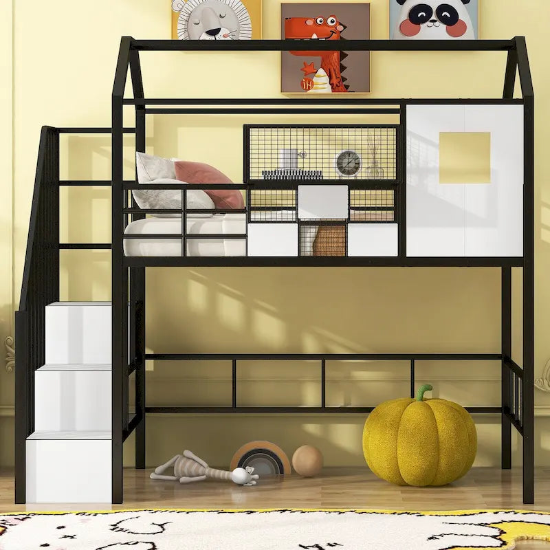 Metal Loft Bed with Roof Design and Storage Box