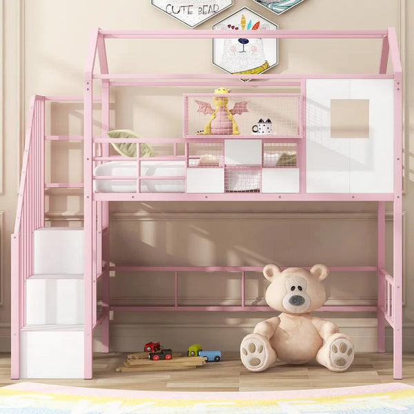 Metal Loft Bed with Roof Design and Storage Box