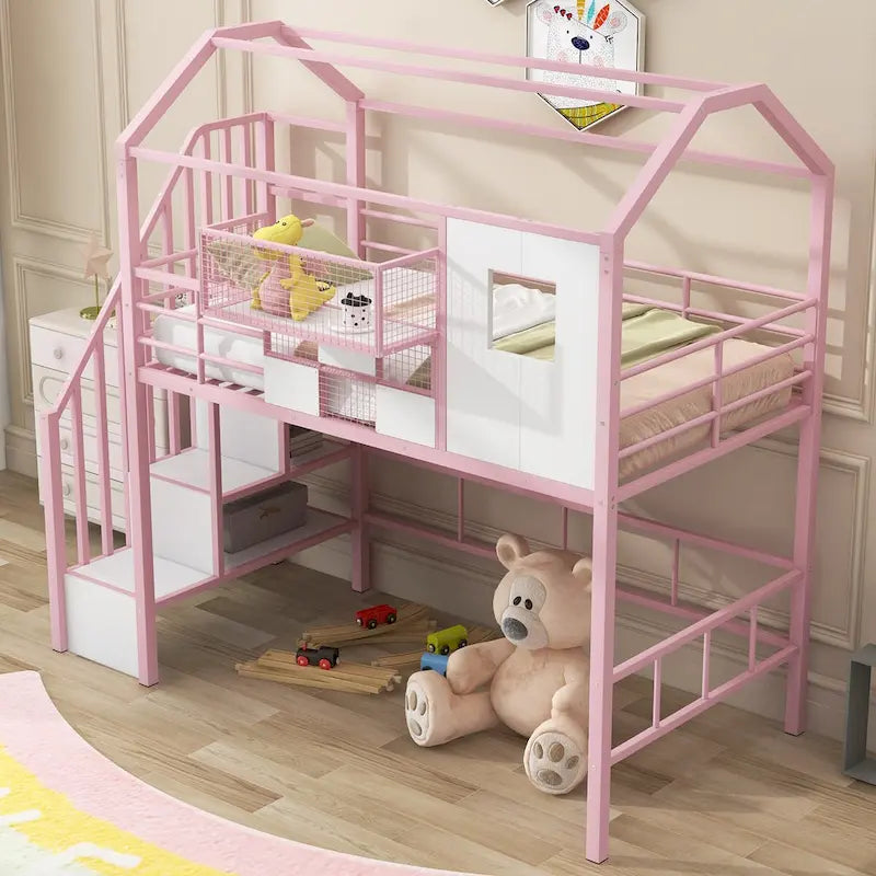Metal Loft Bed with Roof Design and Storage Box