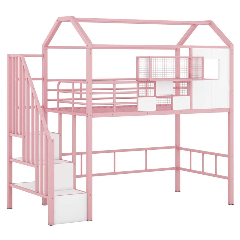 Metal Loft Bed with Roof Design and Storage Box