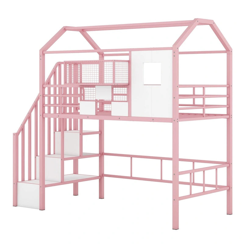 Metal Loft Bed with Roof Design and Storage Box