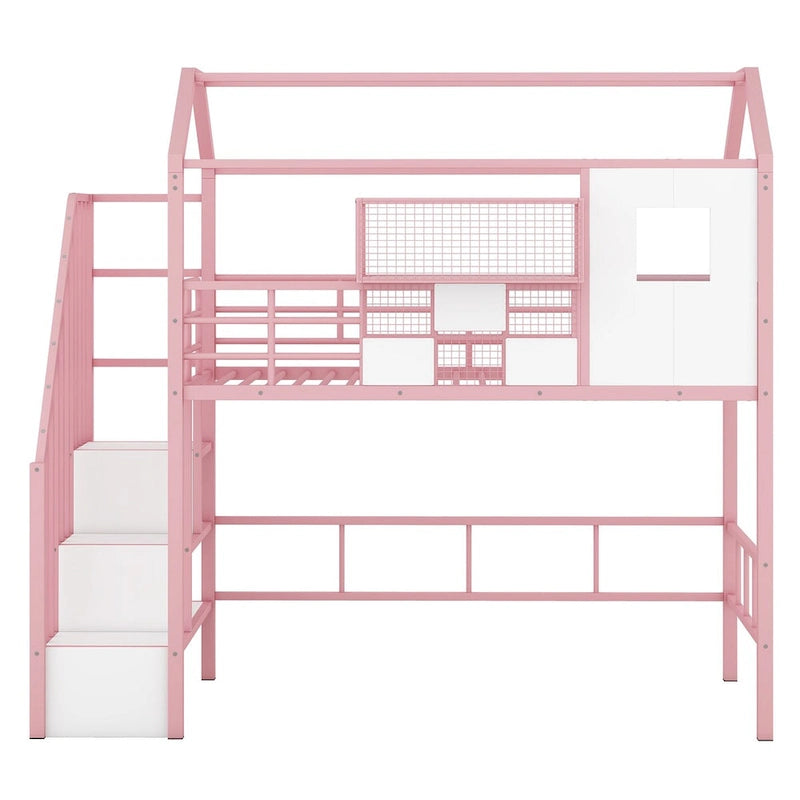 Metal Loft Bed with Roof Design and Storage Box