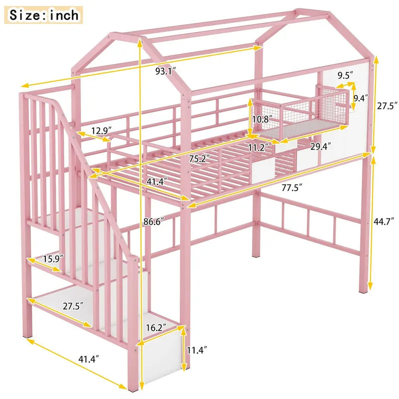 Metal Loft Bed with Roof Design and Storage Box