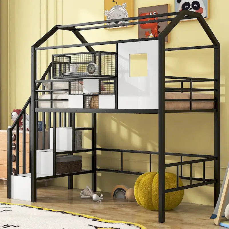 Metal Loft Bed with Roof Design and Storage Box