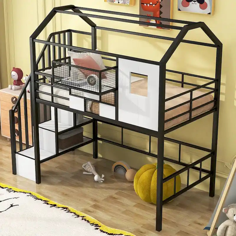 Metal Loft Bed with Roof Design and Storage Box