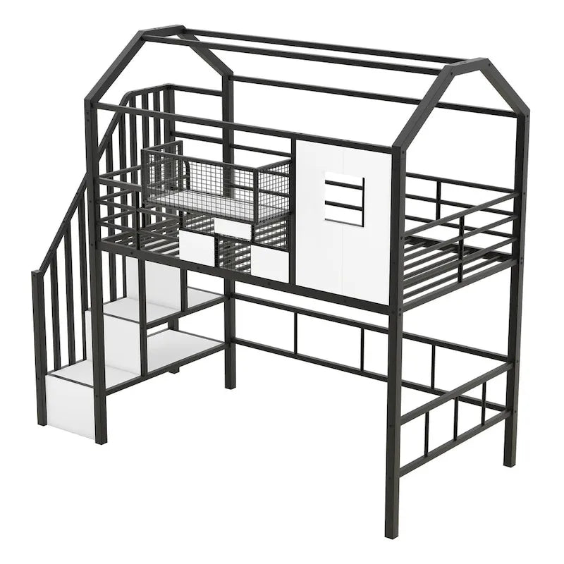 Metal Loft Bed with Roof Design and Storage Box