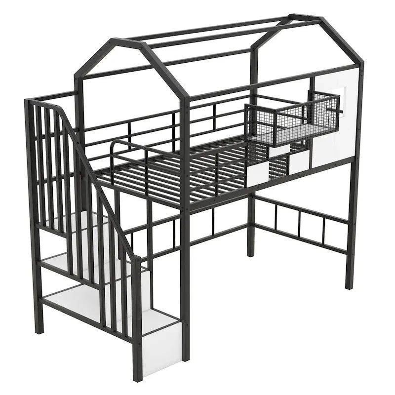 Metal Loft Bed with Roof Design and Storage Box