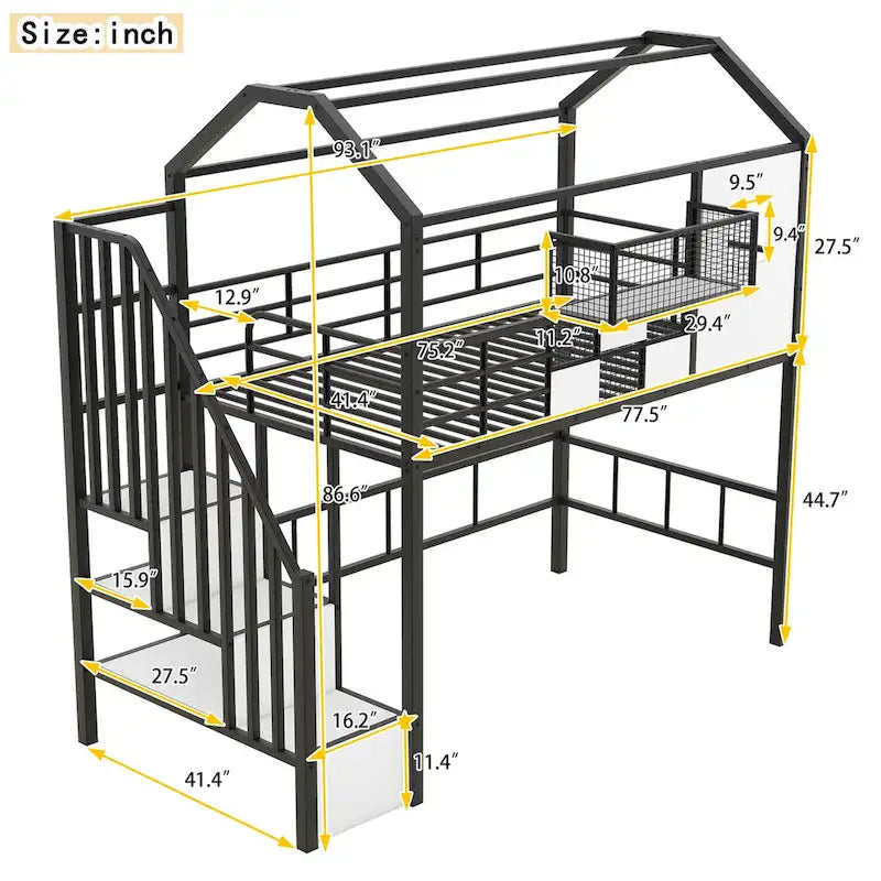 Metal Loft Bed with Roof Design and Storage Box