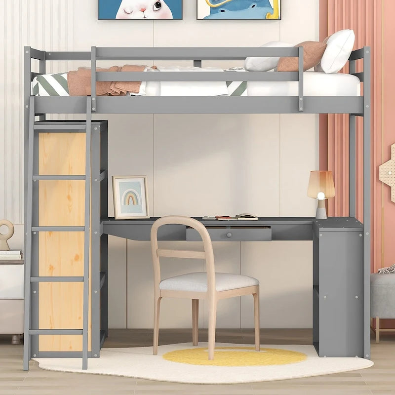 Loft Bed with Desk, Shelves, Drawer, and Ladder, Full-Length Guardrail