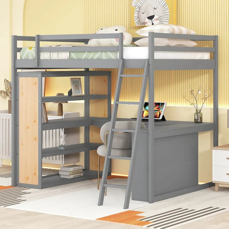 Loft Bed with Desk, Shelves, Drawer, and Ladder, Full-Length Guardrail