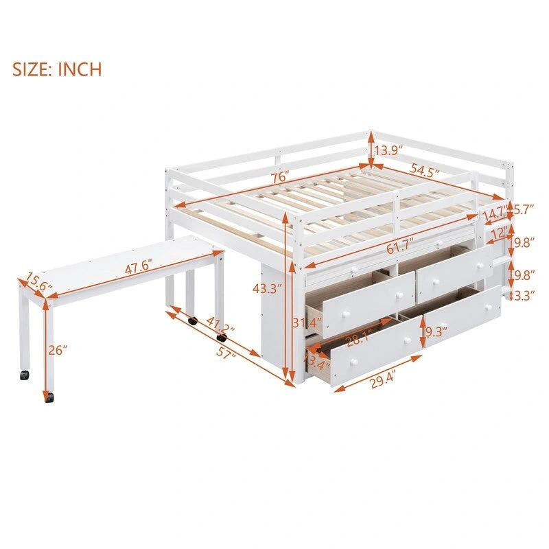 Full Size Loft Bed with Retractable Writing Desk and 4 Drawers