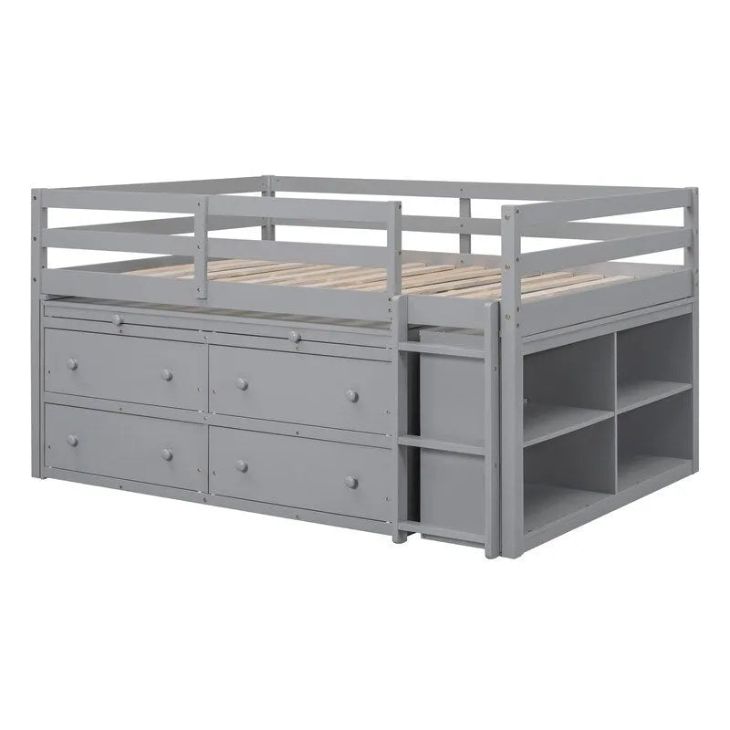 Full Size Loft Bed with Retractable Writing Desk and 4 Drawers