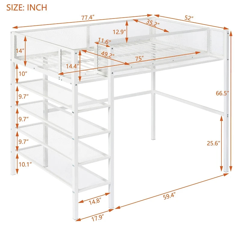 Twin Size Metal Loft Bed with 4-Tier Shelves and Storage