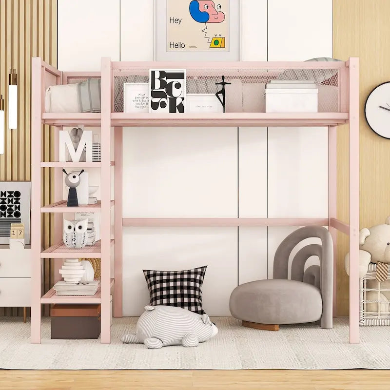 Twin Size Metal Loft Bed with 4-Tier Shelves and Storage