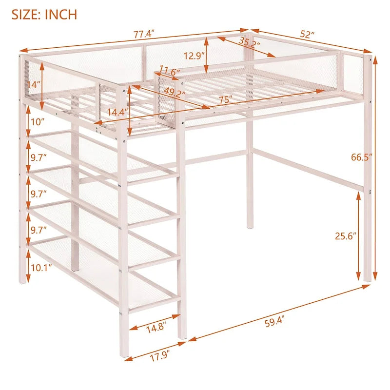 Twin Size Metal Loft Bed with 4-Tier Shelves and Storage