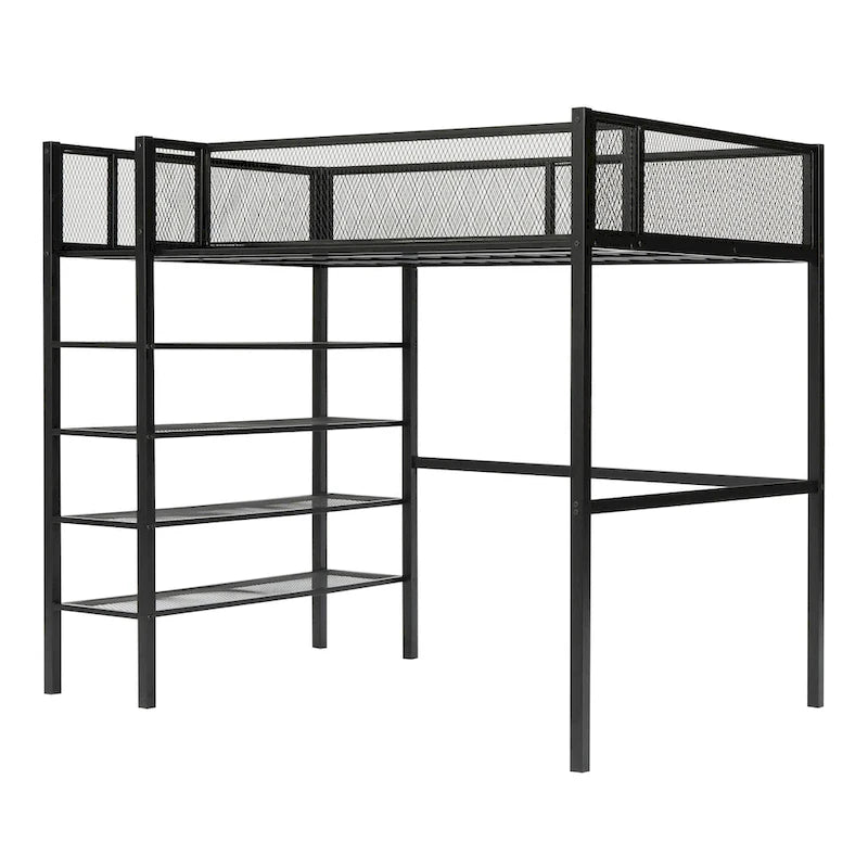 Twin Size Metal Loft Bed with 4-Tier Shelves and Storage