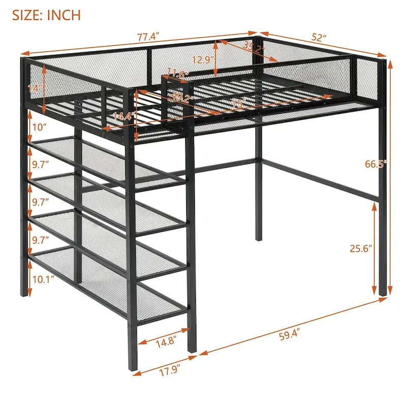 Twin Size Metal Loft Bed with 4-Tier Shelves and Storage