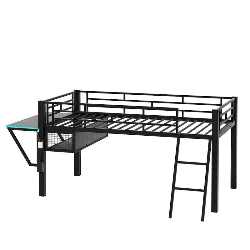 Twin Size Gaming Mid Loft Bed with Desk, LED