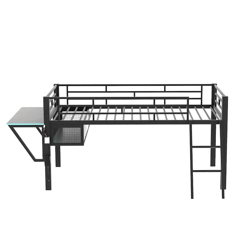 Twin Size Gaming Mid Loft Bed with Desk, LED