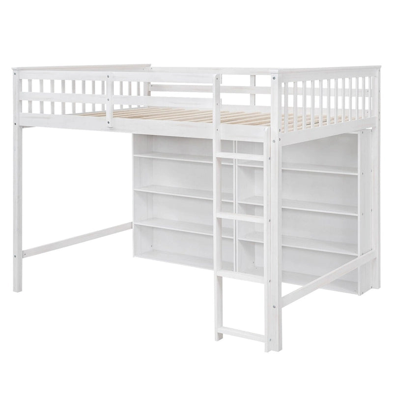 Full Loft Bed with Storage Shelves, Wood Loft Beds Frame with Bookcase, High Loft Bed with Ladder for Kids Boys Girls Teens