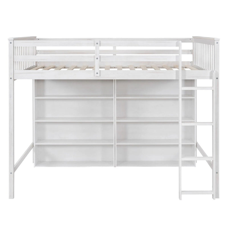 Full Loft Bed with Storage Shelves, Wood Loft Beds Frame with Bookcase, High Loft Bed with Ladder for Kids Boys Girls Teens