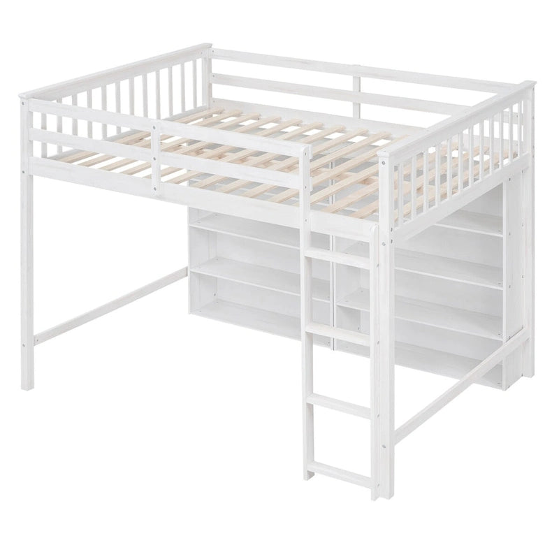 Full Loft Bed with Storage Shelves, Wood Loft Beds Frame with Bookcase, High Loft Bed with Ladder for Kids Boys Girls Teens