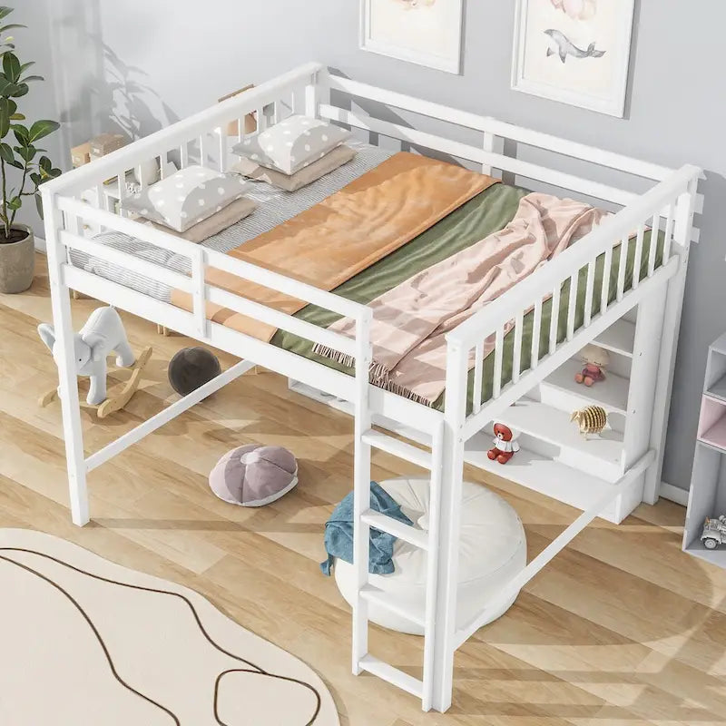 Full Loft Bed with Storage Shelves, Wood Loft Beds Frame with Bookcase, High Loft Bed with Ladder for Kids Boys Girls Teens