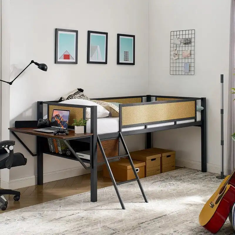 Twin Size Metal Loft Bed with Rectangular Desk, LED lights and Storage Shelves