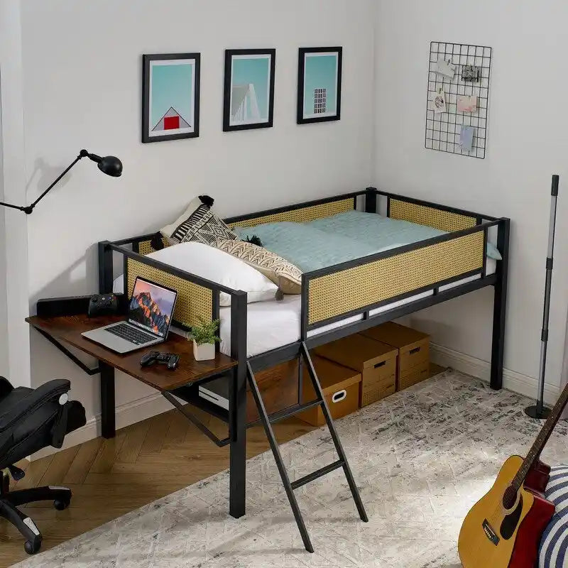 Twin Size Metal Loft Bed with Rectangular Desk, LED lights and Storage Shelves