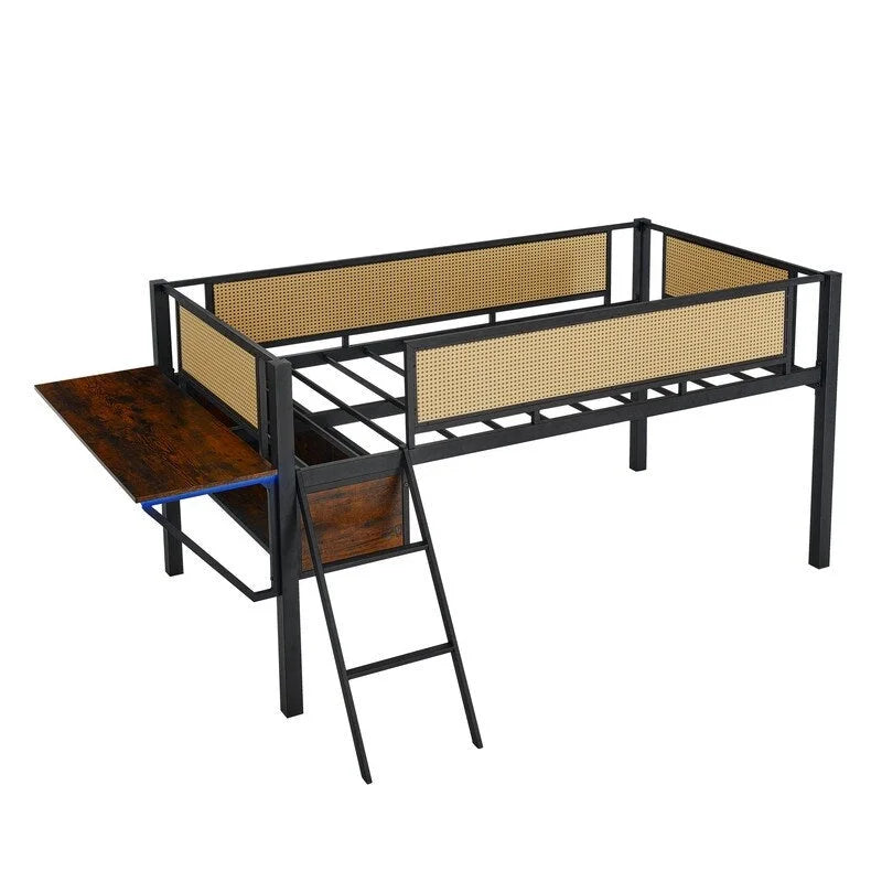 Twin Size Metal Loft Bed with Rectangular Desk, LED lights and Storage Shelves