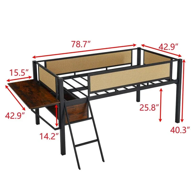 Twin Size Metal Loft Bed with Rectangular Desk, LED lights and Storage Shelves