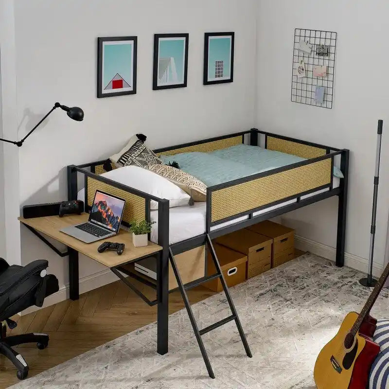 Twin Size Metal Loft Bed with Rectangular Desk, LED lights and Storage Shelves