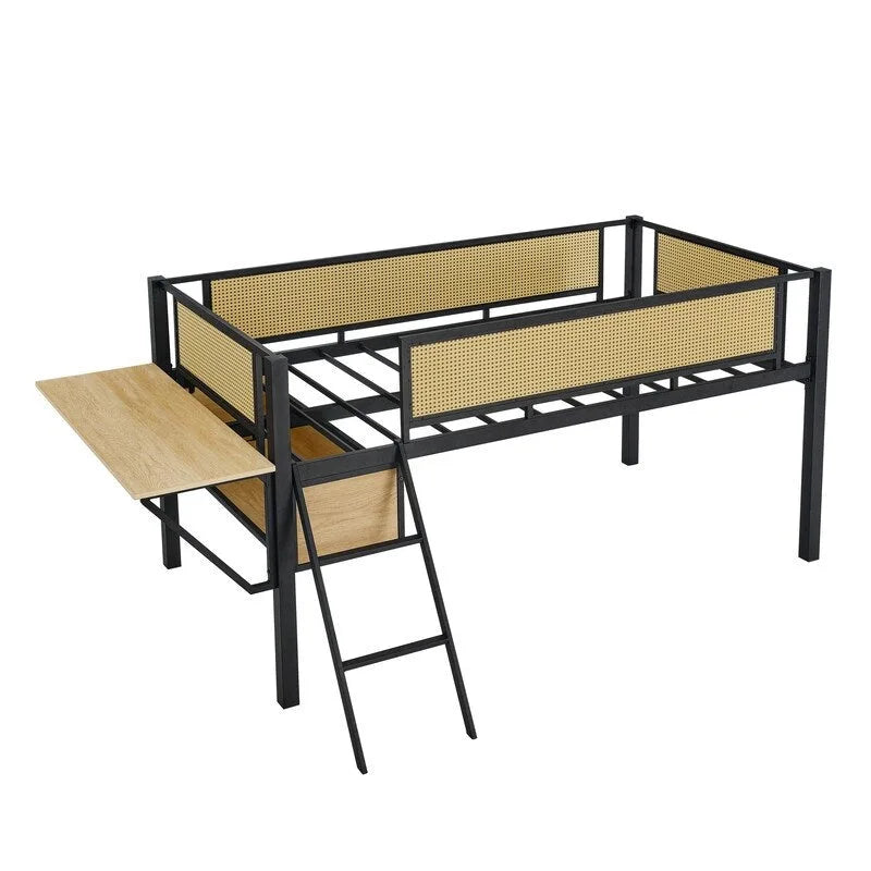 Twin Size Metal Loft Bed with Rectangular Desk, LED lights and Storage Shelves