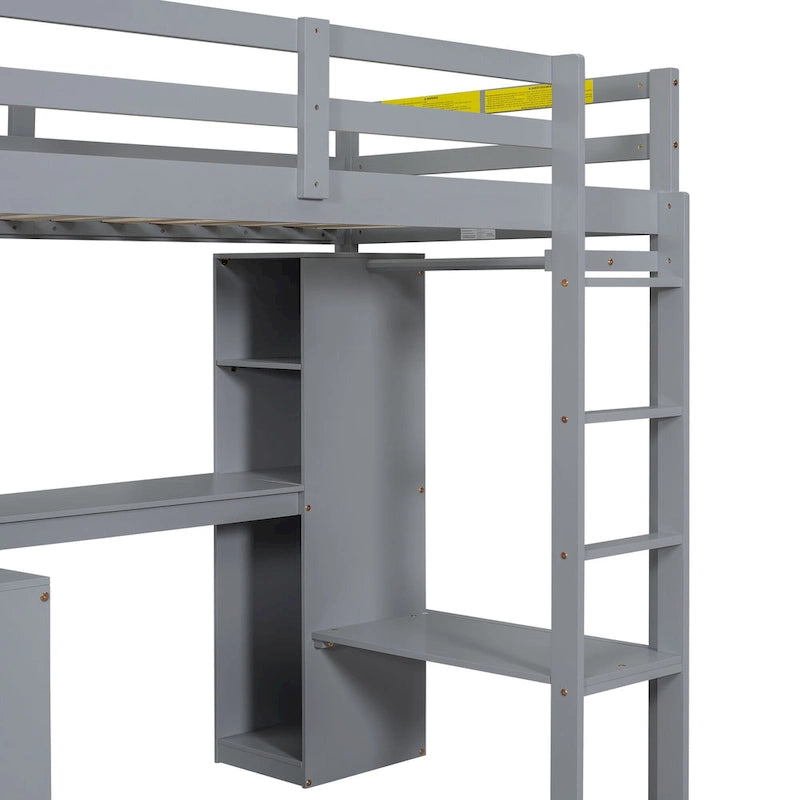 Twin Size Wooden Loft Bed with L-shaped Desk, Wardrobe and Storage Shelves