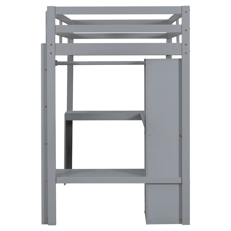 Twin Size Wooden Loft Bed with L-shaped Desk, Wardrobe and Storage Shelves