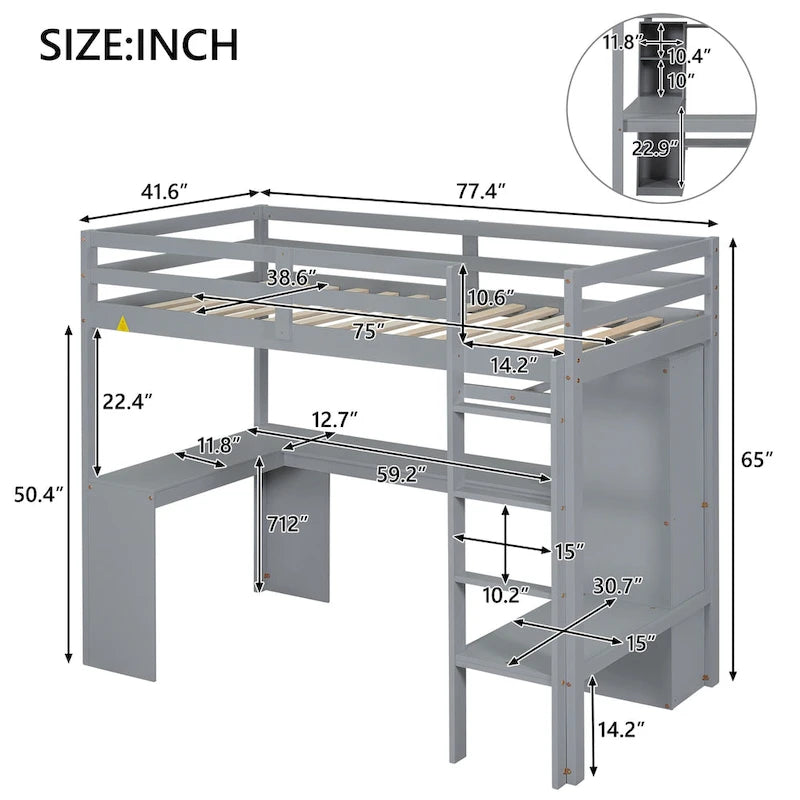 Twin Size Wooden Loft Bed with L-shaped Desk, Wardrobe and Storage Shelves