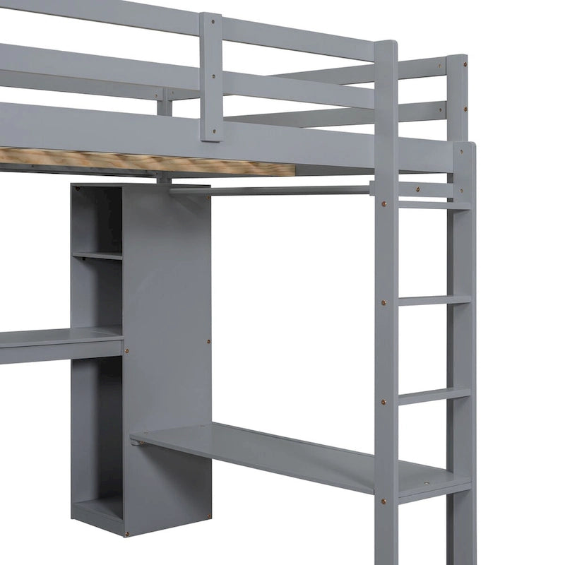Full Size Wooden Loft Bed with L-shaped Desk, Wardrobe and Storage Shelves