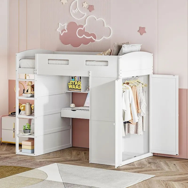 Twin Size Loft Bed with Desk, Wardrobes, 4 Drawers and 4 Shelves