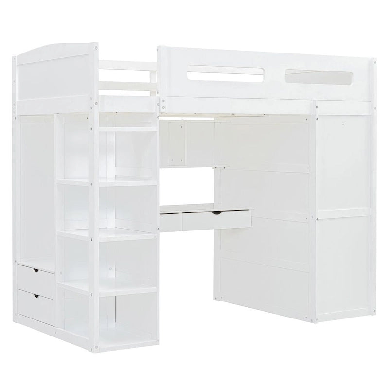 Twin Size Loft Bed with Desk, Wardrobes, 4 Drawers and 4 Shelves