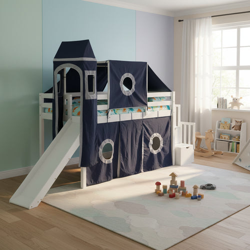 Blue Pine Wood Loft Bed with Storage Staircase and Slide, Tent and Tower, Full-Length Guardrail