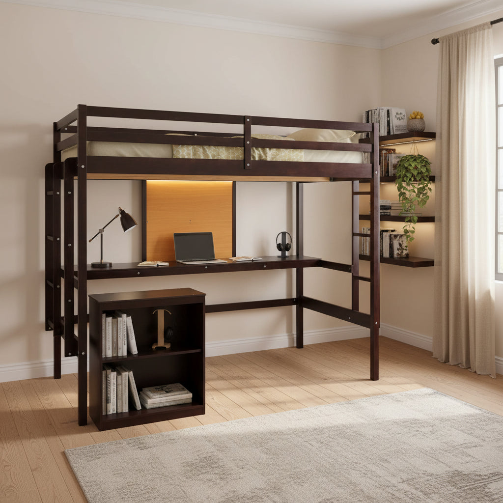 Espresso Pine Wood Loft Bed with Desk and Cabinet, Writing Board, Full-Length Guardrail